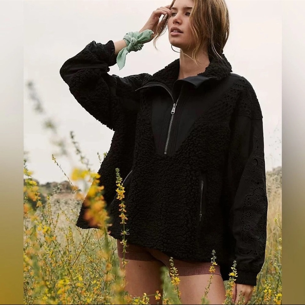 Free People Womens Black Care FP Seaside Fleece Crochet Sherpa Pullover Jacket M